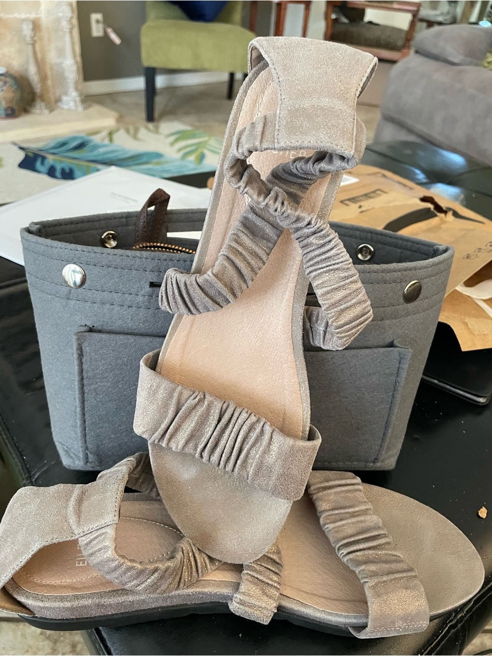Eileen Fisher Ruched Strap Sandals in Taupe